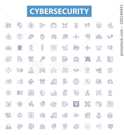 Cybersecurity line icons, signs set. Cybersecurity, Network, Security, Attack, Prevention, Monitor, Vulnerability, Malware, Firewall outline vector illustrations. 100246941