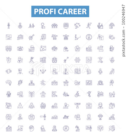 Profi career line icons, signs set. Professional, Career, Advancement, Success, Growth, Promotion, Job, Development, Skills outline vector illustrations. 100246947