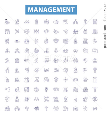 Management line icons, signs set. Lead, Organize, Control, Plan, Direct, Strategize, Supervise, Monitor, Evaluate outline vector illustrations. 100246948