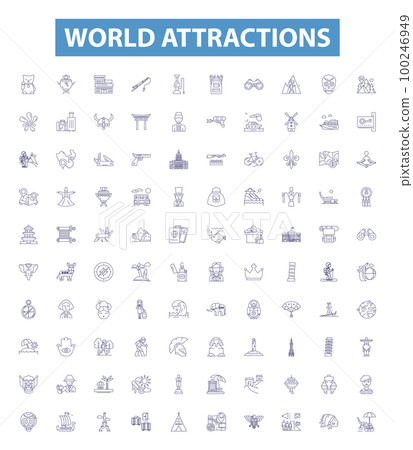 World attractions line icons, signs set. Sites, Destinations, Attractions, Monuments, Landmarks, Wonders, Ruins, Parks, Zoos outline vector illustrations. World attractions line icons, signs set. Sites, Destinations, Attractions, Monuments, Landmarks, Wonders, Ruins, Parks, Zoos outline vector illustrations. 100246949