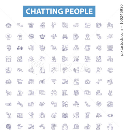 Chatting people line icons, signs set. Conversing, Chatting, Connecting, Interacting, Gossiping, Messaging, Exchanging, Communicating, Bonding outline vector illustrations. 100246950