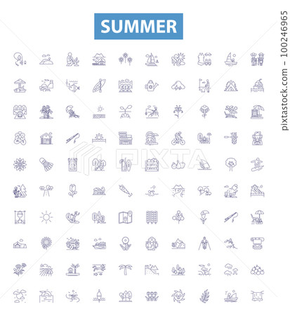 Summer line icons, signs set. Sun, Heat, Vacation, Pool, Beach, BBQ, Insects, Citrus, Ice Cream outline vector illustrations. 100246965