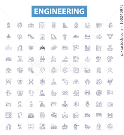 Engineering line icons, signs set. Engineering, Technology, Design, Manufacturing, Construction, Electronics, Mechanics, Science, Electrical outline vector illustrations. 100246973