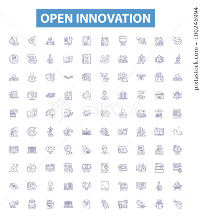 Open innovation line icons, signs set. Open, Innovation, Collaboration, Sharing, Co Creation, Knowledge, Platforms, Exchange, Creative outline vector illustrations. Open innovation line icons, signs set. Open, Innovation, Collaboration, Sharing, Co Creation, Knowledge, Platforms, Exchange, Creative outline vector illustrations. 100246994