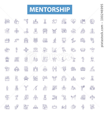 Mentorship line icons, signs set. Mentor, Mentorship, Guidance, Tutelage, Coaching, Supervision, Advisement, Support, Counsel outline vector illustrations. Mentorship line icons, signs set. Mentor, Mentorship, Guidance, Tutelage, Coaching, Supervision, Advisement, Support, Counsel outline vector illustrations. 100246995