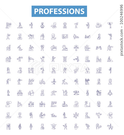 Professions line icons, signs set. Job, Craft, Occupation, Profession, Vocation, Artisan, Specialist, Field, Trade outline vector illustrations. Professions line icons, signs set. Job, Craft, Occupation, Profession, Vocation, Artisan, Specialist, Field, Trade outline vector illustrations. 100246996