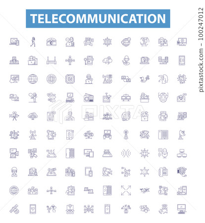 Telecommunication line icons, signs set. Telecom, Networking, Communication, Transmission, Wireless, VoIP, Radio, Antenna, Microwave outline vector illustrations. 100247012