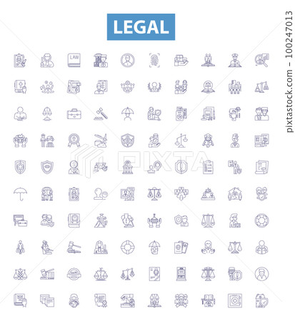 Legal line icons, signs set. Lawful, Just, Legitimate, Valid, Binding, Allowable, Permissible, Rightful, Authorized outline vector illustrations. Legal line icons, signs set. Lawful, Just, Legitimate, Valid, Binding, Allowable, Permissible, Rightful, Authorized outline vector illustrations. 100247013
