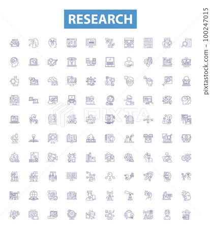 Research line icons, signs set. Investigate, Analyze, Probe, Study, Examine, Assess, Explore, Investigate, Scrutinize outline vector illustrations. Research line icons, signs set. Investigate, Analyze, Probe, Study, Examine, Assess, Explore, Investigate, Scrutinize outline vector illustrations. 100247015