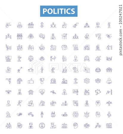 Politics line icons, signs set. Politics, Governance, Diplomacy, Statecraft, Election, Legislation, Policy, Executive, Bureaucracy outline vector illustrations. 100247021