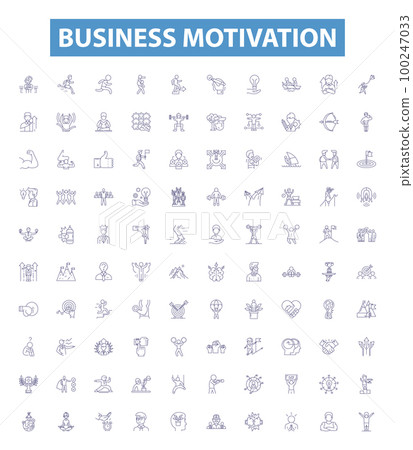 Business motivation line icons, signs set. Motivate, Drive, Inspire, Progress, Succeed, Triumph, Ambitious, Aspire, Gratify outline vector illustrations. 100247033