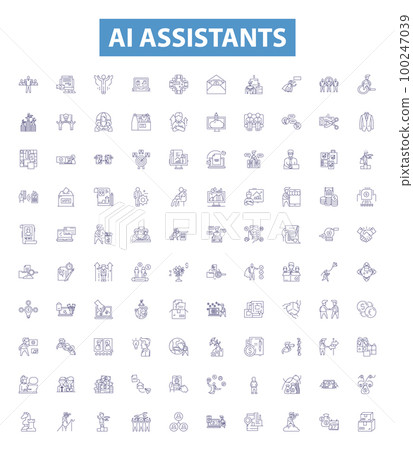 Ai assistants line icons, signs set. AI, assistants, assistants, Alexa, Siri, Cortana, Google, Home, Skyvi outline vector illustrations. 100247039