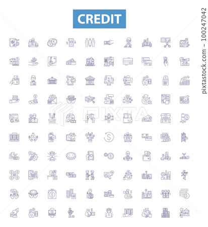 Credit line icons, signs set. Credit, Loan, Money, Card, Bank, Finance, Rate, Borrow, Debt outline vector illustrations. Credit line icons, signs set. Credit, Loan, Money, Card, Bank, Finance, Rate, Borrow, Debt outline vector illustrations. 100247042