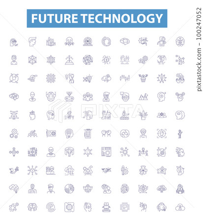 Future technology line icons, signs set. Innovations, Automation, Robotics, Artificial Intelligence, Nanotechnology, Biotech, Quantum Computing, Big Data, Blockchain outline vector illustrations. Future technology line icons, signs set. Innovations, Automation, Robotics, Artificial Intelligence, Nanotechnology, Biotech, Quantum Computing, Big Data, Blockchain outline vector illustrations. 100247052