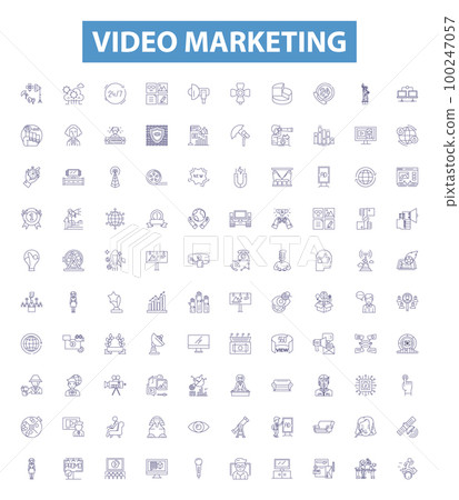 Video marketing outline icons collection. Video, Marketing, Advertising, Strategy, Optimization, Social, Campaign vector illustration set. Platforms, YouTube, Editing line signs 100247057