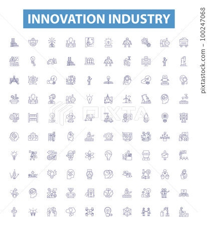 Innovation industry line icons, signs set. Innovators, Ideas, Technology, Creativity, Disruption, Start ups, Patents, R&D, Entrepreneurship outline vector illustrations. Innovation industry line icons, signs set. Innovators, Ideas, Technology, Creativity, Disruption, Start ups, Patents, R&D, Entrepreneurship outline vector illustrations. 100247068