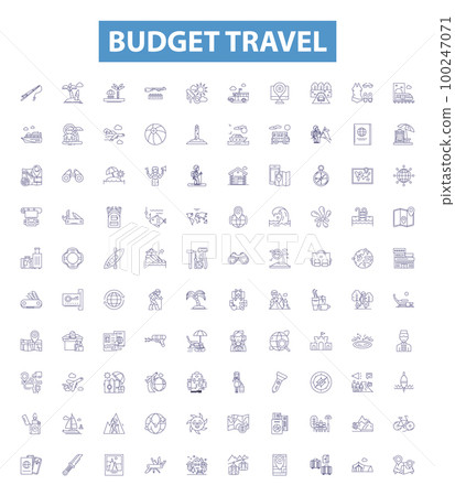 Budget travel line icons, signs set. Cheap, Budget, Affordable, Frugal, Economy, Discount, Pursue, Thrifty, Save outline vector illustrations. 100247071