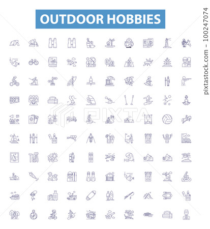 Outdoor hobbies line icons, signs set. Hiking, Camping, Fishing, Hunting, Climbing, Kayaking, Canoeing, Surfing, Swimming outline vector illustrations. Outdoor hobbies line icons, signs set. Hiking, Camping, Fishing, Hunting, Climbing, Kayaking, Canoeing, Surfing, Swimming outline vector illustrations. 100247074
