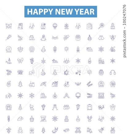 Happy new year line icons, signs set. Glad, Joyous, Cheerful, Merry, Festive, Blessing, Jubilant, Optimistic, Delightful outline vector illustrations. Happy new year line icons, signs set. Glad, Joyous, Cheerful, Merry, Festive, Blessing, Jubilant, Optimistic, Delightful outline vector illustrations. 100247076