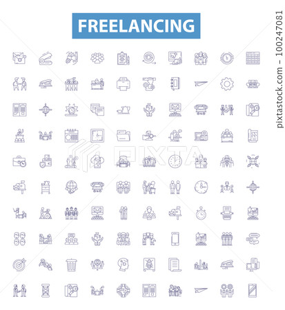 Freelancing line icons, signs set. Outsourcing, Freelance, Independent contractor, Self employed, Consulting, Online jobs, Remote work, Gig, Contractor outline vector illustrations. Freelancing line icons, signs set. Outsourcing, Freelance, Independent contractor, Self employed, Consulting, Online jobs, Remote work, Gig, Contractor outline vector illustrations. 100247081