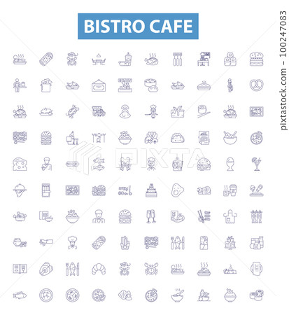 Bistro cafe line icons, signs set. Bistro, Cafe, Dining, Restaurant, Cuisine, Coffee, Breakfast, Lunch, Dinner outline vector illustrations. Bistro cafe line icons, signs set. Bistro, Cafe, Dining, Restaurant, Cuisine, Coffee, Breakfast, Lunch, Dinner outline vector illustrations. 100247083