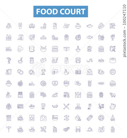 Food court line icons, signs set. Cafeteria, Eateries, Canteen, Bistro, Delicatessen, Bistro, Grill, Kiosk, Restaurants outline vector illustrations. 100247110
