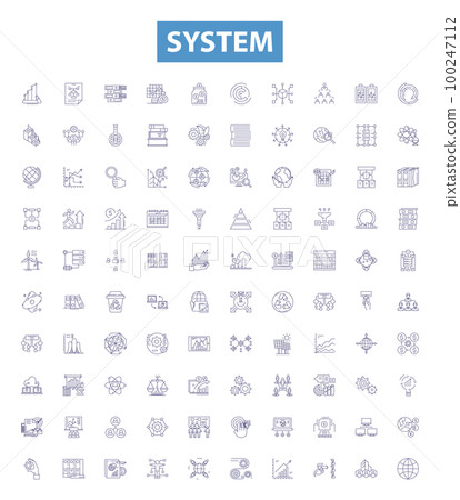System line icons, signs set. System, Network, Software, Computer, Hardware, Operating, Process, Architecture, Automation outline vector illustrations. System line icons, signs set. System, Network, Software, Computer, Hardware, Operating, Process, Architecture, Automation outline vector illustrations. 100247112