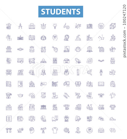 Students line icons, signs set. Students, Learners, Pupils, Educators, Scholars, Academician, Campus, Classroom, Achievers outline vector illustrations. Students line icons, signs set. Students, Learners, Pupils, Educators, Scholars, Academician, Campus, Classroom, Achievers outline vector illustrations. 100247120