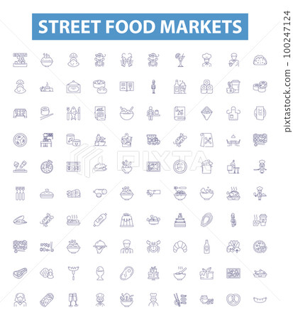 Street food markets line icons, signs set. Street, food, markets, vending, carts, vendors, snacks, cuisine, cuisine outline vector illustrations. 100247124