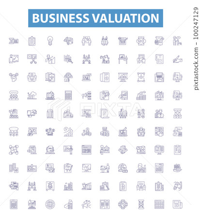 Business valuation line icons, signs set. Valuation, Business, Asset, Liability, Cashflow, Equity, Profit, Market, Risk outline vector illustrations. 100247129