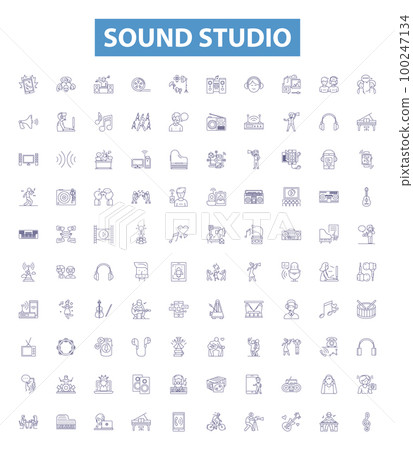 Sound studio line icons, signs set. Recording, Mixing, Music, Soundstage, Microphone, Producer, Audio, Broadcast, Mastering outline vector illustrations. 100247134