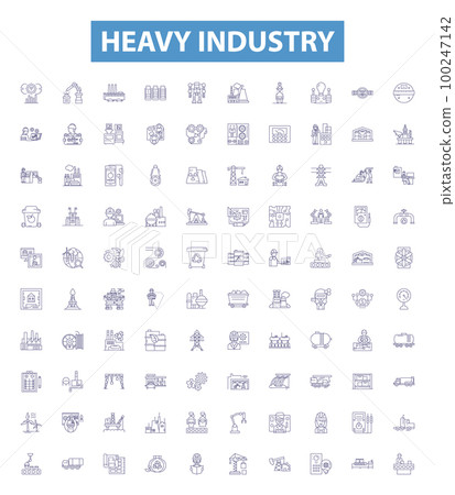 Heavy industry line icons, signs set. Manufacturing, Fabrication, Machining, Mining, Metallurgy, Automation, Robotics, Steelmaking, Smelting outline vector illustrations. 100247142