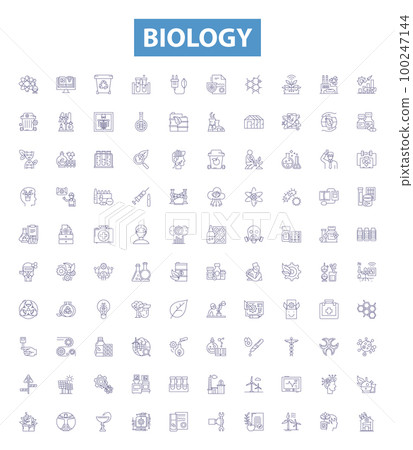 Biology line icons, signs set. Organism, Cell, Genetics, Evolution, Ecology, Biochemistry, Microbiology, Photosynthesis, Mitosis outline vector illustrations. 100247144