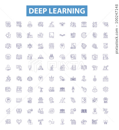 Deep learning line icons, signs set. Deep learning, Neural networks, Machine learning, Backpropagation, CNN, NLP, AI, Reinforcement learning, Automation outline vector illustrations. 100247148