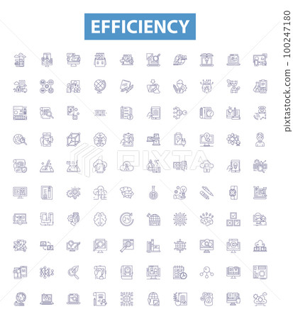 Efficiency line icons, signs set. Proficiency, Productivity, Expediency, Competence, Nimbleness, Capacity, Economy, Quickness, Rapidity outline vector illustrations. 100247180