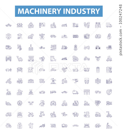 Machinery industry line icons, signs set. Machinery, Industry, Engineering, Manufacturing, Production, CNC, Robotics, Automation, Parts outline vector illustrations. 100247248