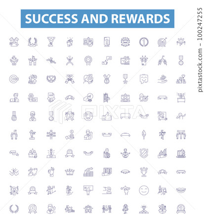 Success and rewards line icons, signs set. Achievement, Triumph, Honor, Profit, Riches, Gain, Prudence, Merit, Remuneration outline vector illustrations. 100247255
