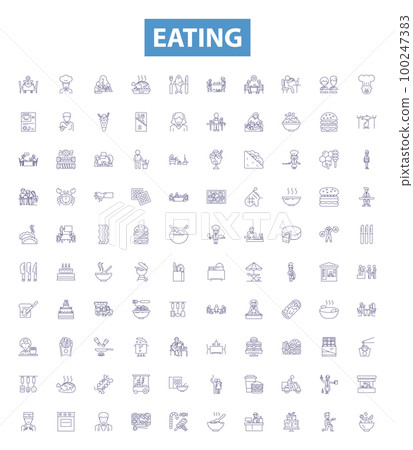 Eating line icons, signs set. Munching, Scoffing, Chewing, Binging, Nourishing, Nibbling, Bolting, Savouring, Gorging outline vector illustrations. Eating line icons, signs set. Munching, Scoffing, Chewing, Binging, Nourishing, Nibbling, Bolting, Savouring, Gorging outline vector illustrations. 100247383