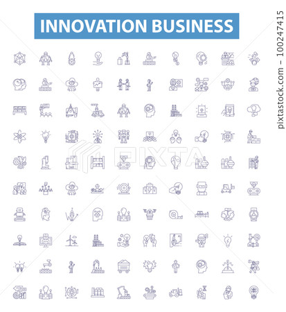 Innovation business line icons, signs set. Innovative, Entrepreneurship, Idea, Progress, Efficiency, Creativity, Strategy, Profitable, Market outline vector illustrations. 100247415