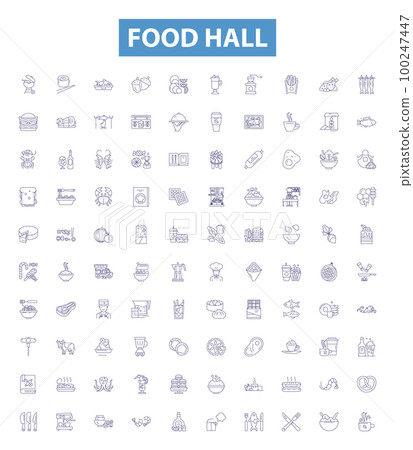 Food hall line icons, signs set. Cafeteria, Delicatessen, Restaurant, Bistro, Eatery, Stall, Cuisine, Deli, Canteen outline vector illustrations. Food hall line icons, signs set. Cafeteria, Delicatessen, Restaurant, Bistro, Eatery, Stall, Cuisine, Deli, Canteen outline vector illustrations. 100247447