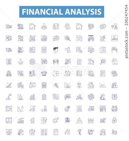 Financial analysis line icons, signs set. Budgeting, Forecasting, Ratios, Cashflow, Financing, Profitability, Liquidity, Accounting, Assets outline vector illustrations. 100247454