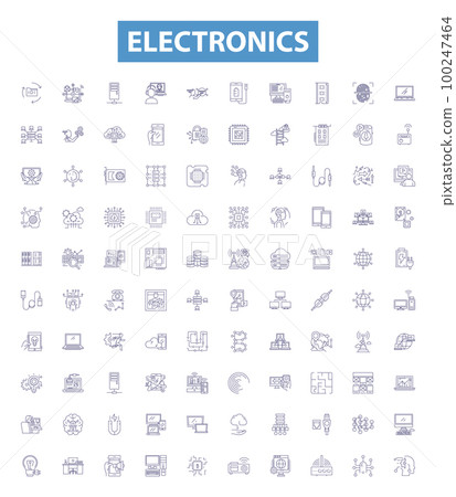 Electronics line icons, signs set. electronics, gadgets, technology, devices, appliances, consoles, circuit, components, wires outline vector illustrations. Electronics line icons, signs set. electronics, gadgets, technology, devices, appliances, consoles, circuit, components, wires outline vector illustrations. 100247464