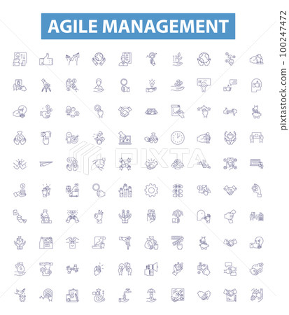 Agile management line icons, signs set. Agile, Management, Scrum, Sprint, Kanban, Planning, Practices, Iterative, Development outline vector illustrations. 100247472