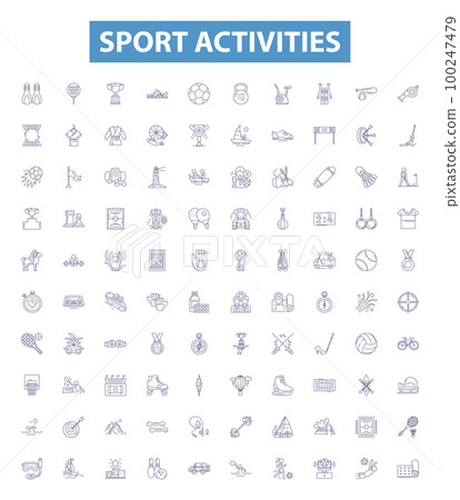 Sport activities line icons, signs set. Athletics, Rugby, Tennis, Baseball, Cycling, Swimming, Skiing, Golf, Sailing outline vector illustrations. 100247479