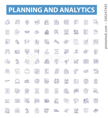 Planning and analytics line icons, signs set. Planning, Analytics, Strategy, Forecasting, Evaluation, Analysis, Optimization, Design, Modeling outline vector illustrations. 100247485