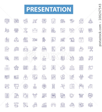 Presentation line icons, signs set. Presentation, Speech, Talk, Slideshow, Demonstration, Address, Lecture, Summary, Showing outline vector illustrations. Presentation line icons, signs set. Presentation, Speech, Talk, Slideshow, Demonstration, Address, Lecture, Summary, Showing outline vector illustrations. 100247543