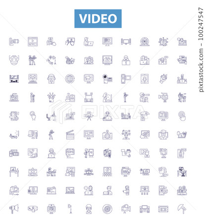 Video line icons, signs set. Movie, Clip, Film, Stream, YouTube, Broadcast, Recording, Broadcasted, Tutorial outline vector illustrations. Video line icons, signs set. Movie, Clip, Film, Stream, YouTube, Broadcast, Recording, Broadcasted, Tutorial outline vector illustrations. 100247547