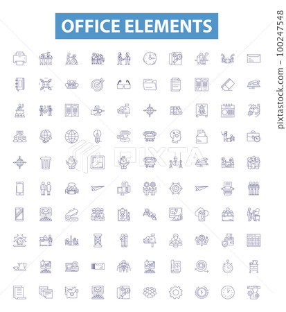 Office elements line icons, signs set. Desk, Chair, Pen, Printer, Monitor, Keyboard, Computer, File, Paper outline vector illustrations. Office elements line icons, signs set. Desk, Chair, Pen, Printer, Monitor, Keyboard, Computer, File, Paper outline vector illustrations. 100247548