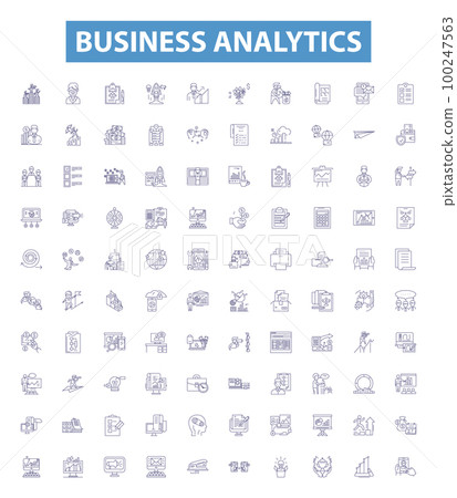 Business analytics line icons, signs set. Analytics, Business, Forecasting, Data, Insights, Intelligence, Modeling, Strategy, Mining outline vector illustrations. 100247563