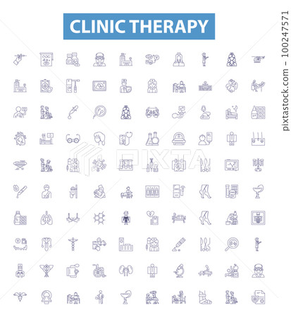 Clinic therapy line icons, signs set. Therapy, Clinic, Psychotherapy, Reiki, Counselling, Acupuncture, Naturopathy, Chiropractic, Reflexology outline vector illustrations. 100247571